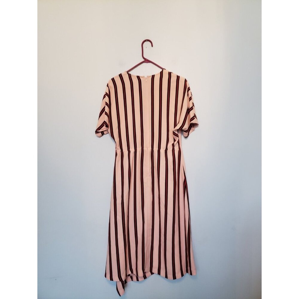 Gibson Latimer Womens 6 Midi Dress V Neck Pink Stripes Ruffle Short Sleeve NWT - Picture 2 of 5